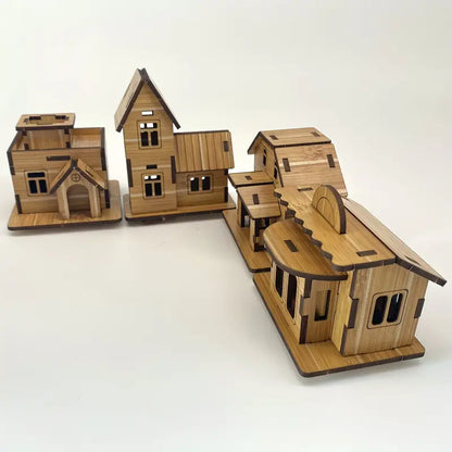 Set 4 Mini Drvene Kućice – 3D Edukativne Slagalice za Djecu i Odrasle 🛖✨