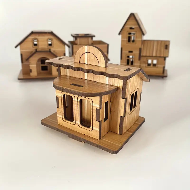 Set 4 Mini Drvene Kućice – 3D Edukativne Slagalice za Djecu i Odrasle 🛖✨