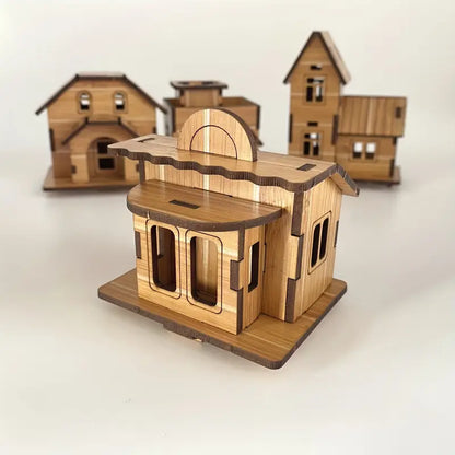 Set 4 Mini Drvene Kućice – 3D Edukativne Slagalice za Djecu i Odrasle 🛖✨