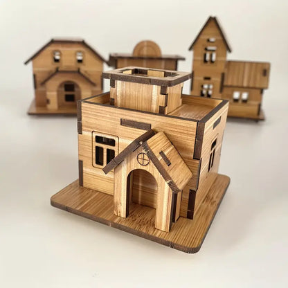 Set 4 Mini Drvene Kućice – 3D Edukativne Slagalice za Djecu i Odrasle 🛖✨