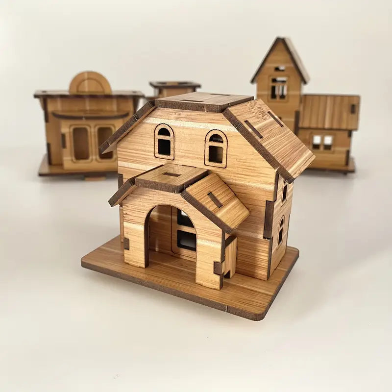 Set 4 Mini Drvene Kućice – 3D Edukativne Slagalice za Djecu i Odrasle 🛖✨