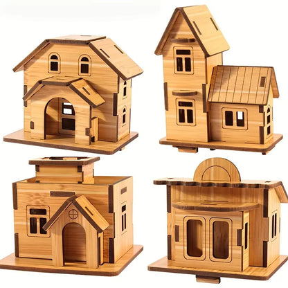Set 4 Mini Drvene Kućice – 3D Edukativne Slagalice za Djecu i Odrasle 🛖✨