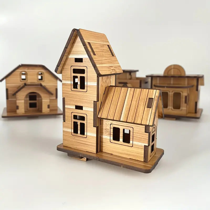 Set 4 Mini Drvene Kućice – 3D Edukativne Slagalice za Djecu i Odrasle 🛖✨