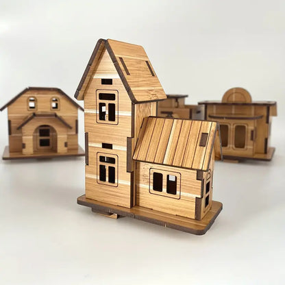 Set 4 Mini Drvene Kućice – 3D Edukativne Slagalice za Djecu i Odrasle 🛖✨