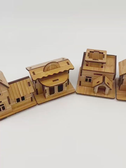 Set 4 Mini Drvene Kućice – 3D Edukativne Slagalice za Djecu i Odrasle 🛖✨